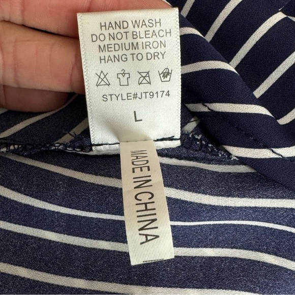 Allie Rose Navy Blue & White Striped Sleeveless Tied Front Button Down - Picture 2 of 7